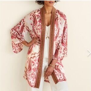 Soft Surroundings Boho White Pink Jakarta Kimono‎ Decorative Trim Sheer Size S/M